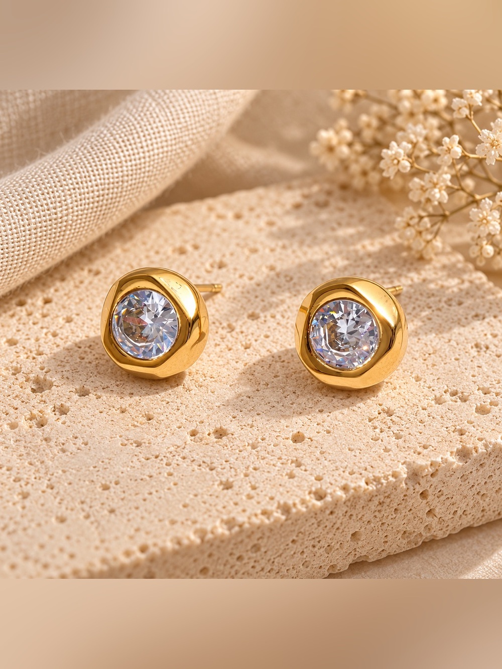 Anthropologie Gold Round Zirconia Stud Earrings - Stainless Steel